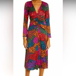 Farm Rio Rainbow Hearts Ruched Long Sleeve Midi Dress